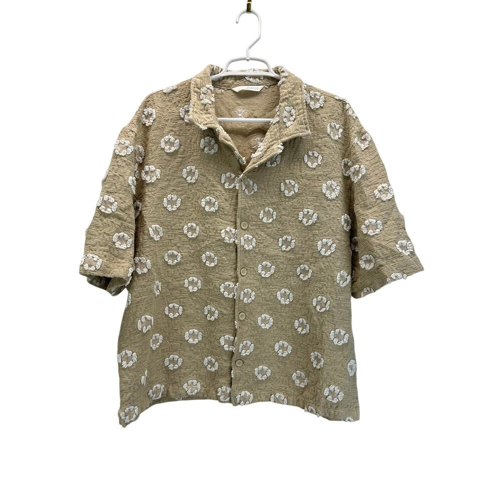 Zara TEXTURED JACQUARD SHIRT in Beige White Short Sleeve Button XL Resort